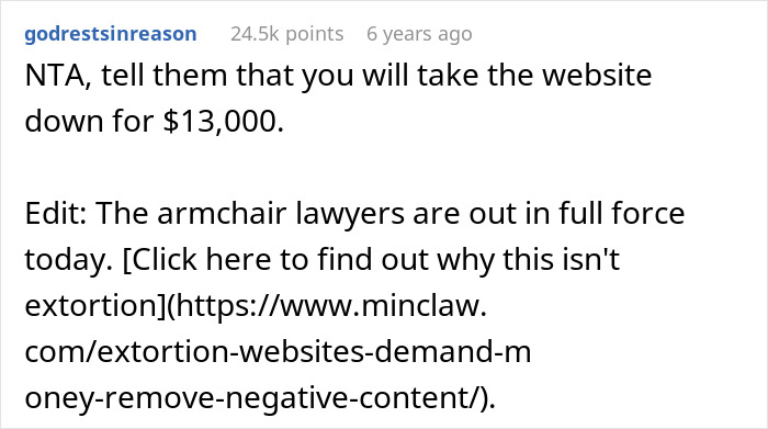 Screenshot of a Reddit comment discussing refusal to take down a website calling out a detective in a wrongful jail case.