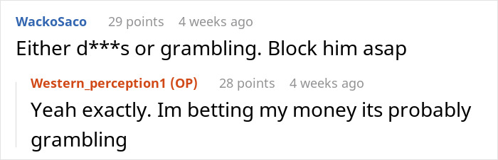 Screenshot of an online conversation discussing suspicious behavior related to friends calling two decades later. Screenshot of an online conversation discussing suspicious behavior related to friends calling two decades later.