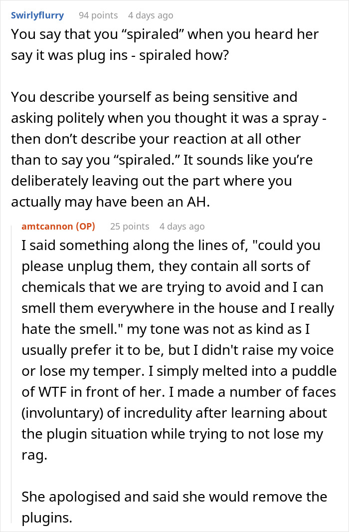 Reddit conversation about family hosting divorcing friend who floods home with nasty scents and causes tension.