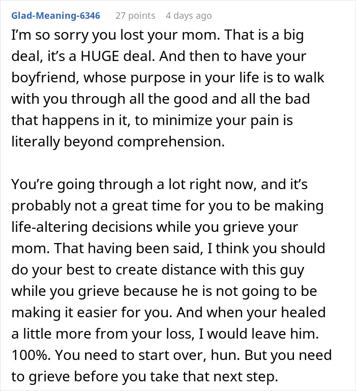 Comment expressing sympathy for woman facing double heartbreak as mother&rsquo;s death reveals boyfriend&rsquo;s true character.