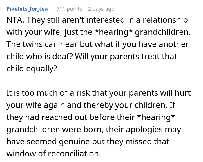 Comment discussing family relationship and risk of hurting wife and children, focusing on defending wife and cutting off parents.
