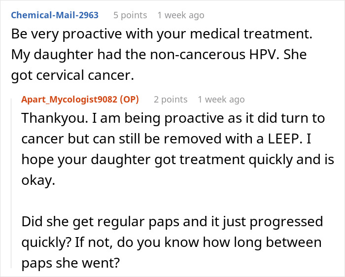 Online discussion about cancer and HPV, highlighting proactive medical treatment and concerns over cervical cancer risks.