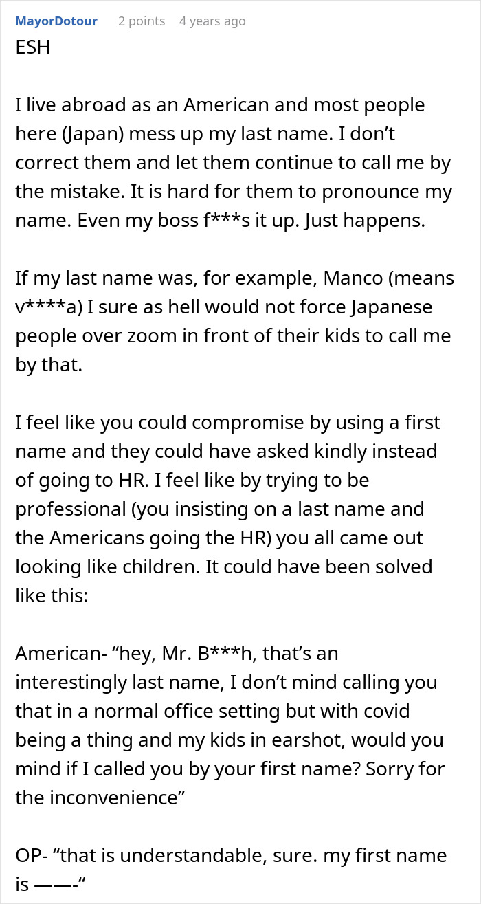 Screenshot of a Reddit comment discussing refusing to change surname for American coworkers in a workplace setting. - 43