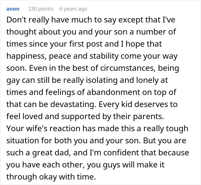 Comment expressing support for dad standing by gay son after rejection and difficult family situation.