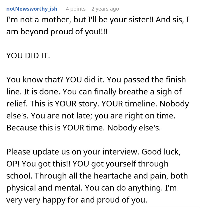 Text post showing a supporter encouraging a graduate who feels crushed after mom's disbelief, offering pride and motivation.