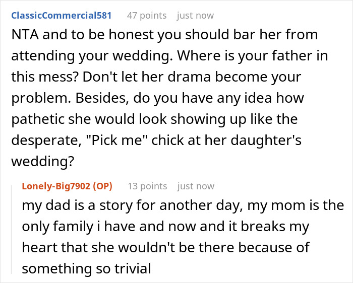 Reddit conversation about bride's mom threatening to skip wedding over wearing a white gown to the event.