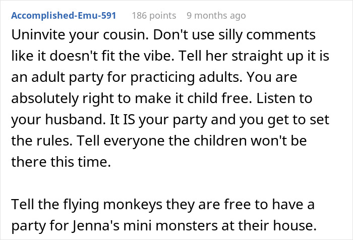 Comment advising to uninvite cousin and enforce a child-free Halloween party, mentioning getting a babysitter and empty house. - 20