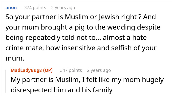 Screenshot of a discussion about a mother humiliating herself at her daughter's wedding by bringing a pet pig.