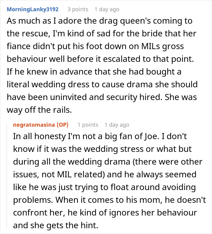 Reddit comments discussing a MIL causing wedding drama and two drag queens stepping in to handle the situation.
