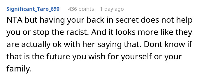 Comment discussing a racist mom insulting her daughter's girlfriend's Black parents, causing a woman to leave in tears.