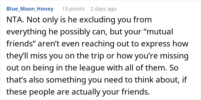 Screenshot of a Reddit comment discussing a woman finding out her boyfriend told friends she couldn&rsquo;t join couples trip.