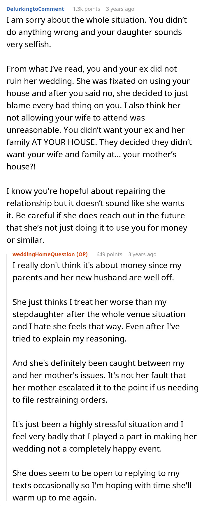 Commenter apologizes about man-daughter relationship strain after he refuses wedding in his yard, causing family conflict.
