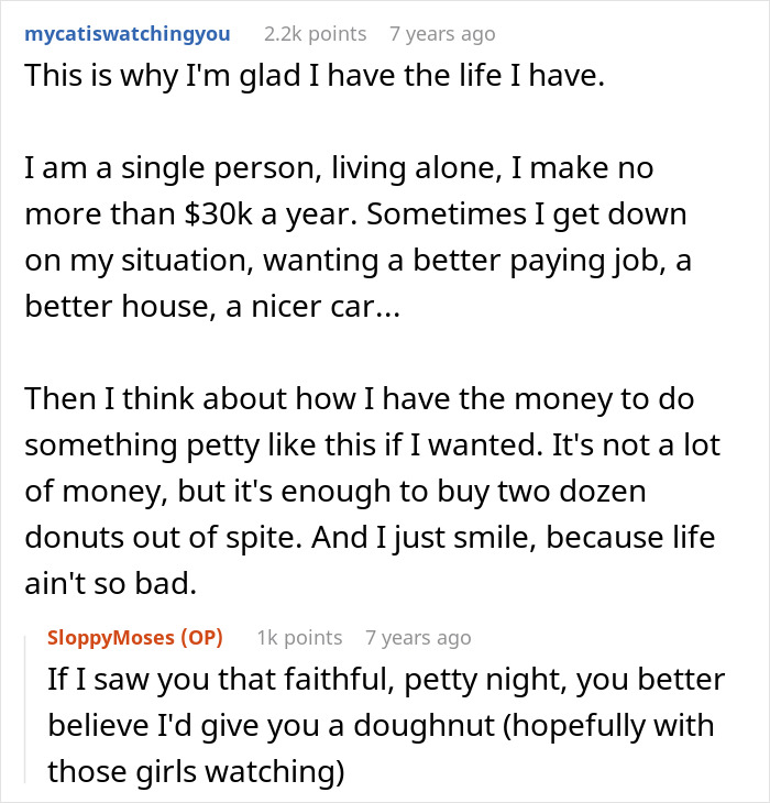Reddit conversation about a lady stealing a couple's parking spot and the petty revenge served instead of donuts.