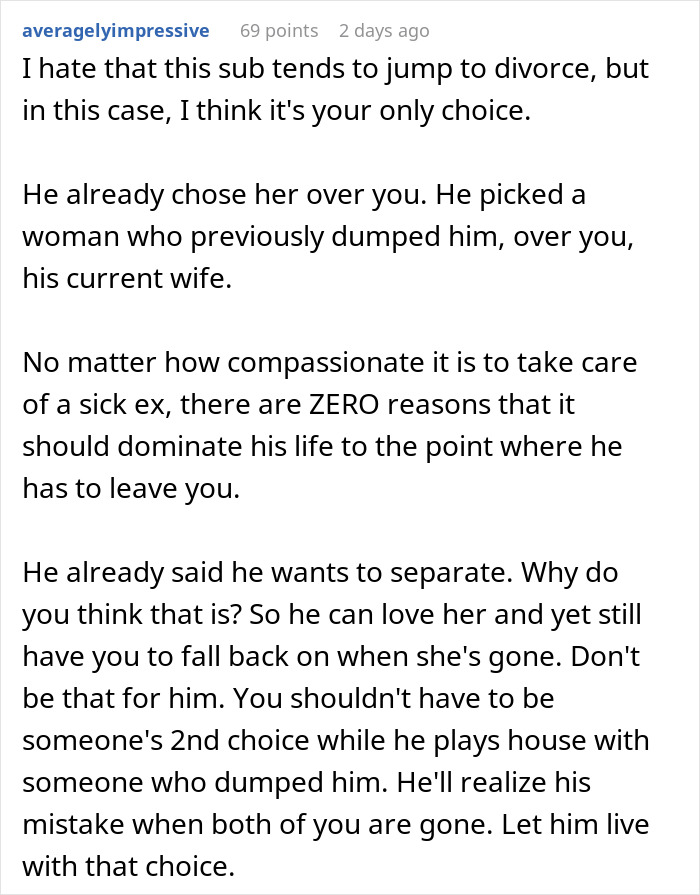 Text conversation discussing a woman questioning her marriage after husband leaves to care for terminally ill ex-wife.