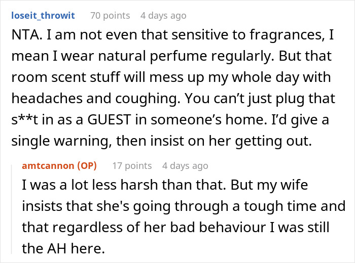 Reddit discussion about family hosting divorcing friend who repays by flooding home with nasty scents and causing discomfort.