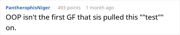 Text comment on social media post discussing a girlfriend confused and livid after boyfriend&rsquo;s sister starts hitting on her as a test.