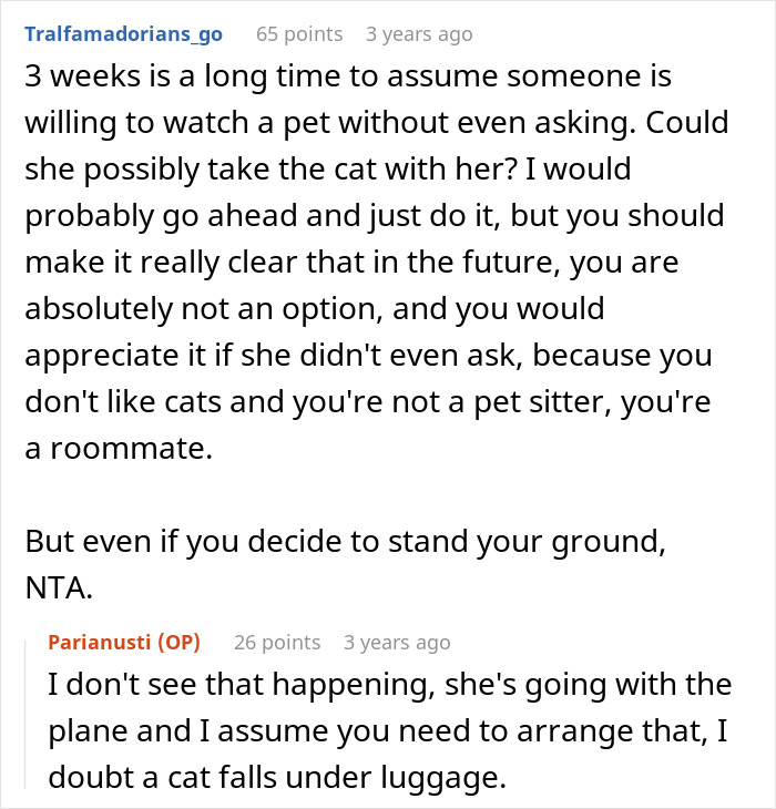 Text conversation about a lady planning a family vacation and dumping cat duties on a roommate who refuses to care for the litter box.