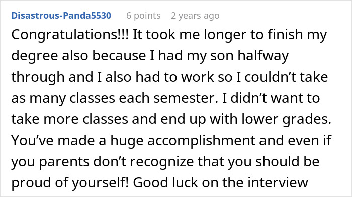 Comment about graduate feeling crushed after mom&rsquo;s disbelief, sharing personal struggles and offering encouragement for achievement.