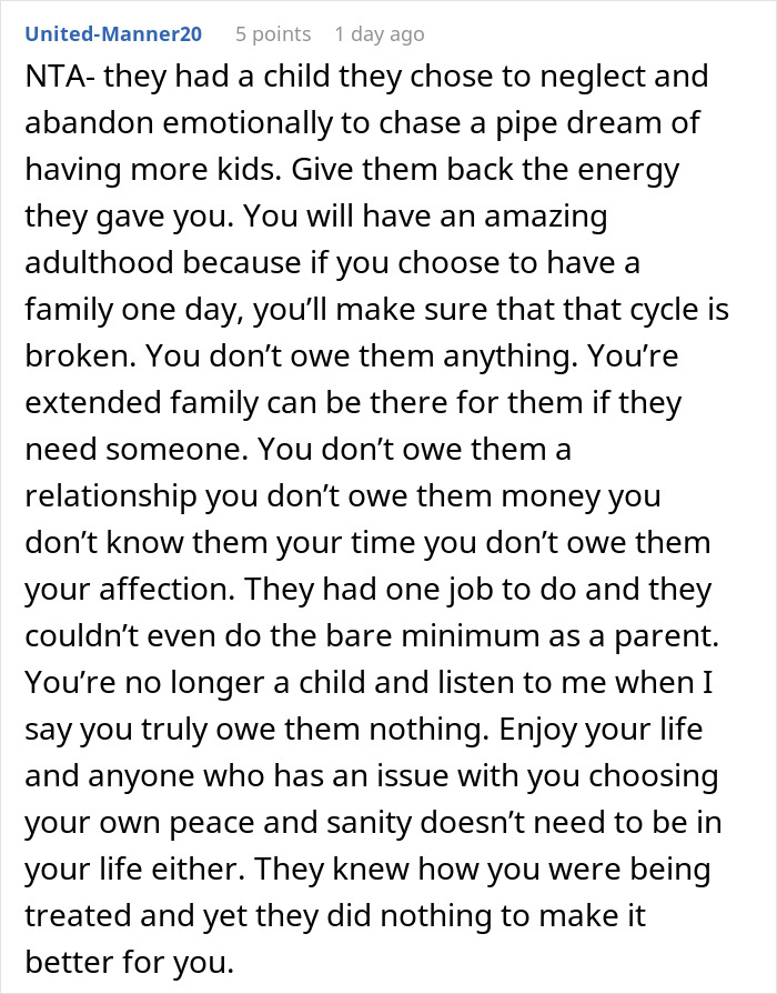 Comment supporting child neglected by parents wanting more kids, highlighting emotional abandonment and broken family cycles. - 44