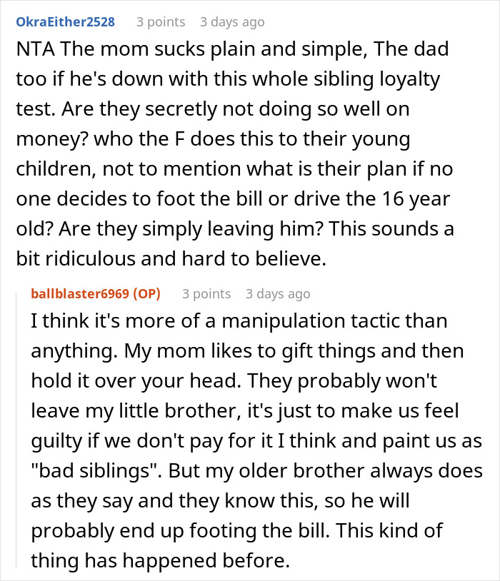 Comments discussing a woman refusing to join a Christmas gift trip if siblings have to pay for her flight.