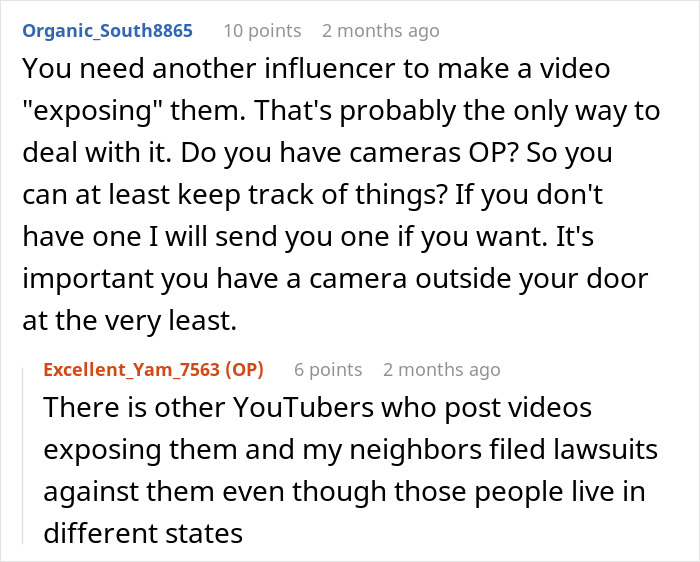 Reddit conversation about influencer neighbors putting a woman in hospital and the need for cameras to document incidents. Reddit conversation about influencer neighbors putting a woman in hospital and the need for cameras to document incidents.