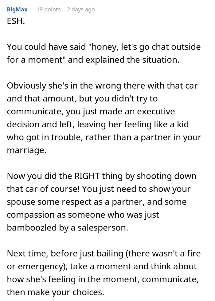 Comment discussing lack of communication as husband drags wife out of car dealership before she shows him car she wants.