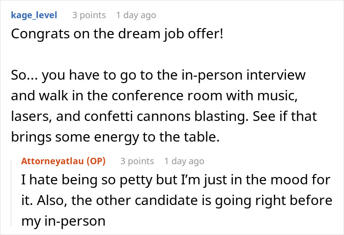 Screenshot of an online conversation about a woman receiving an email for a second interview and an unexpected video file.