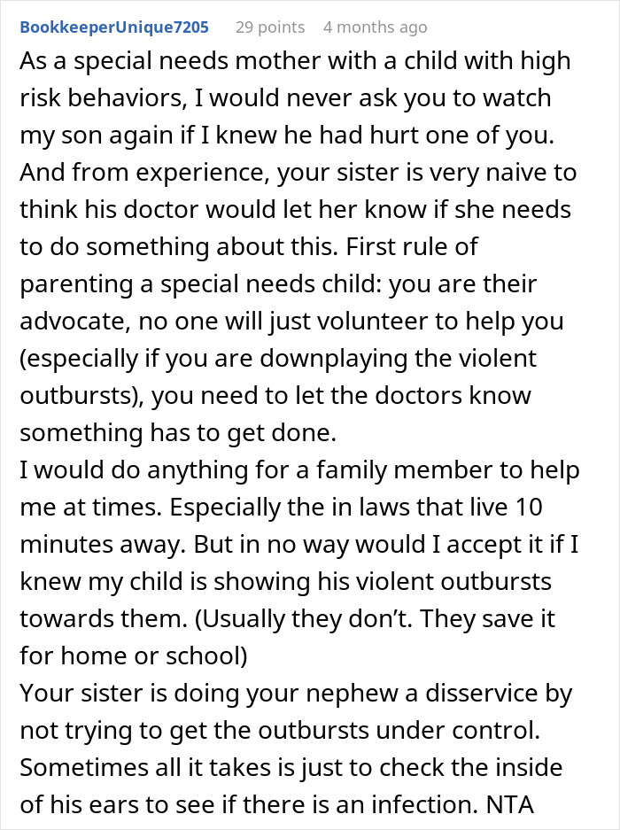 Comment about woman refusing to babysit autistic nephew after he injures daughter and spits on her, addressing special needs challenges.