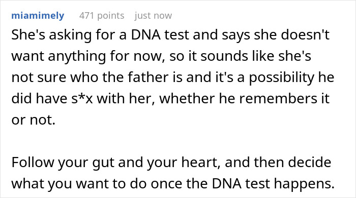 Comment discussing a DNA test request amid claims of pregnancy after husband’s boys’ weekend surprise visitor. - 18