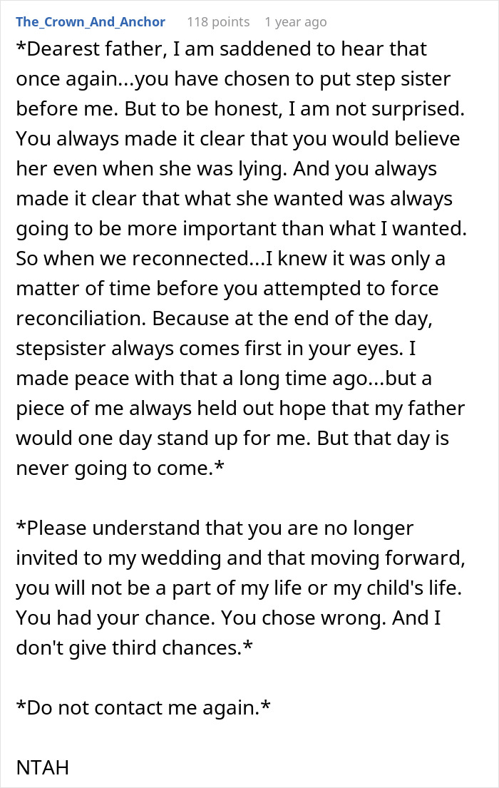 Text from a woman explaining her decision to cut ties with her entire family after ongoing conflict with her stepsister.