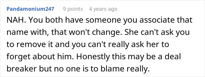 Screenshot of a user comment discussing a guy refusing to remove a tattoo of his late son&rsquo;s name causing a trigger for his girlfriend.