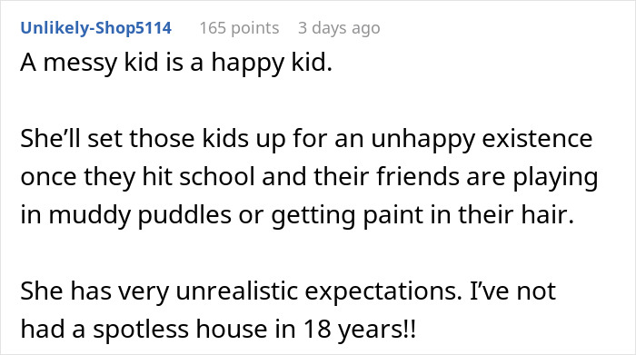 Comment discussing messy toddlers and unrealistic cleanliness expectations causing relationship conflict over toddler care.