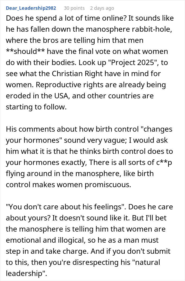 Screenshot of a Reddit comment discussing a man trying to control decisions about his wife's body and reproductive rights. Screenshot of a Reddit comment discussing a man trying to control decisions about his wife's body and reproductive rights.