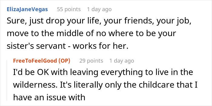 Screenshot of a discussion about whether babysitters deserve a living wage, featuring sibling disagreement on childcare fairness.