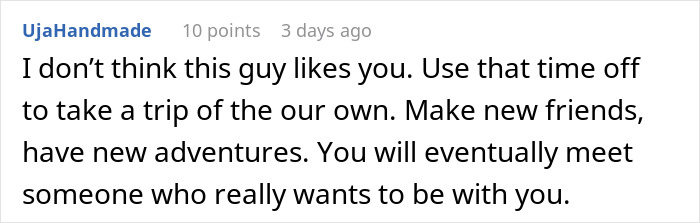 Screenshot of an online comment advising a woman about her boyfriend telling friends she couldn&rsquo;t join a couples trip.