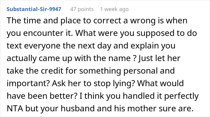 Reddit comment discussing a woman correcting mother-in-law who claimed she came up with baby&rsquo;s name in family dispute.