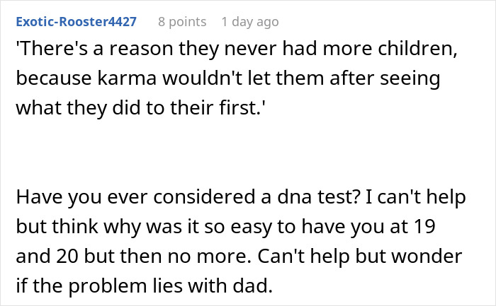 Comment discussing parents wanting more kids but neglecting their first child, reflecting on parental neglect and karma. - 53