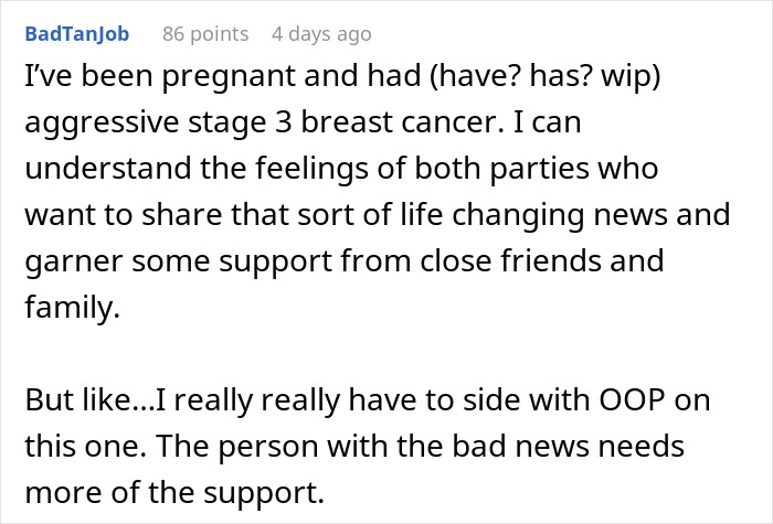 Screenshot of a Reddit comment discussing a woman needing support from family after devastating news about breast cancer.