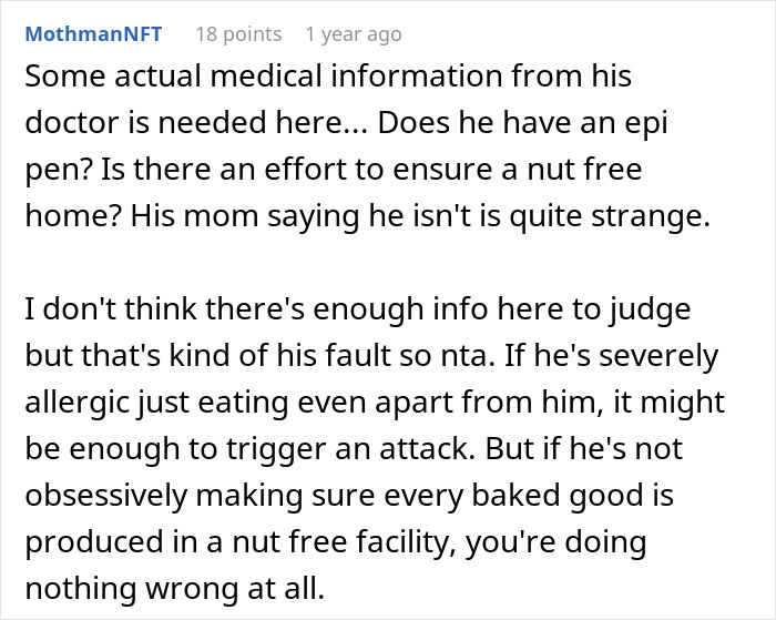 Text comment discussing need for medical info and allergy precautions in a peanut butter cake situation at work.