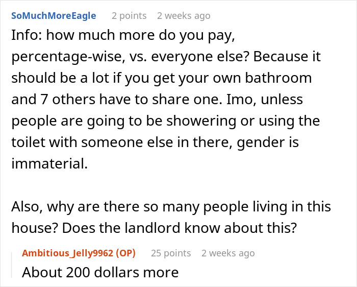 Reddit conversation about nonbinary person refusing roommates’ boyfriends to use private bathroom inside their room. Reddit conversation about nonbinary person refusing roommates’ boyfriends to use private bathroom inside their room.