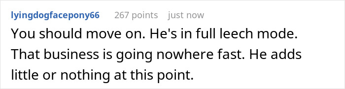 Comment on a forum about a woman feeling financially trapped by a jobless fianc&eacute; living off her while pretending to build a business.