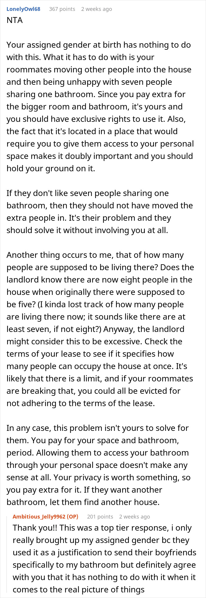 Comment discussing nonbinary person refusing roommates’ boyfriends access to private bathroom inside their room. Comment discussing nonbinary person refusing roommates’ boyfriends access to private bathroom inside their room.