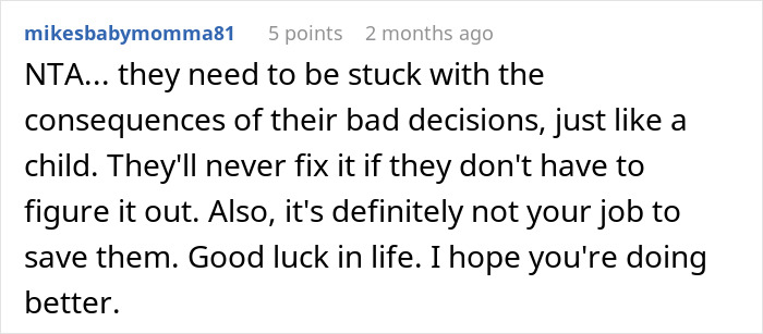 Comment from user mikesbabymomma81 explaining why the guy refuses to babysit siblings after years of being treated like a stranger. Comment from user mikesbabymomma81 explaining why the guy refuses to babysit siblings after years of being treated like a stranger.