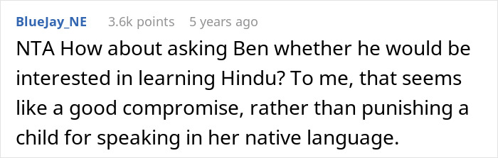 Screenshot of a Reddit comment discussing punishing a kid for using their native language the stepdad doesn&rsquo;t understand.