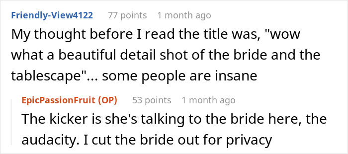 Screenshot of a Reddit conversation about groom's brother's girlfriend wearing a sage green dress to a wedding.