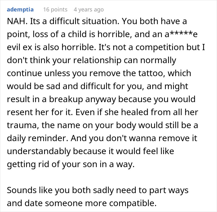 Text post about a man refusing to remove tattoo of his late son's name while girlfriend finds it a trigger.