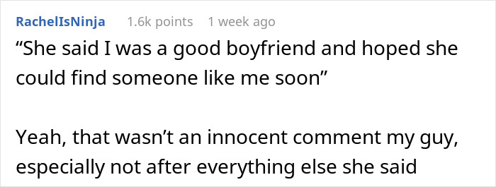 Text post from RachelIsNinja with a quote about being a good boyfriend and a response doubting the comment's innocence.