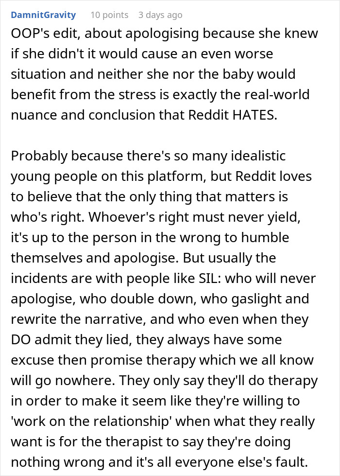 Text post discussing family support struggles and drama caused by sister-in-law feeling outshined after devastating news.