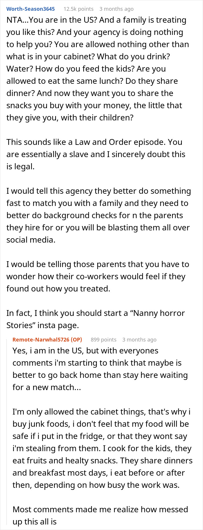 Comment thread discussing American family houses restricting 19-year-old nanny's food to one cabinet and her struggles.