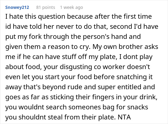 Alt text: Woman frustrated with coworker repeatedly helping herself to her food at work, reaching a boiling point on her birthday.